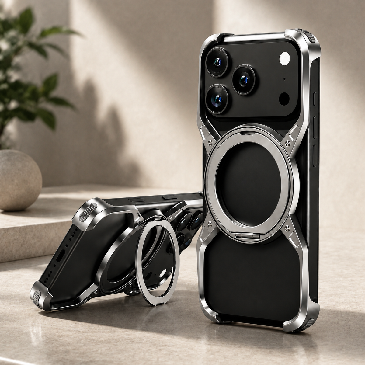 Premium iPhone Case MagSafe Compatible Magnetic Bumper Aluminum Alloy Frame 360° Rotating Ring Stand Shockproof Edge Protection Camera Lens Guard Slim Design