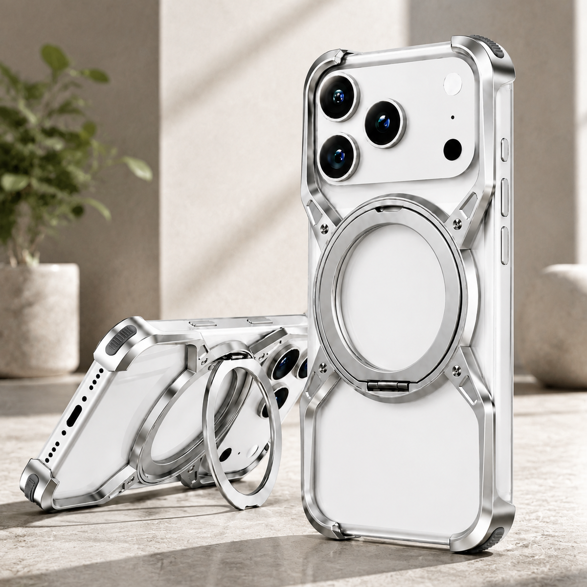 Premium iPhone Case MagSafe Compatible Magnetic Bumper Aluminum Alloy Frame 360° Rotating Ring Stand Shockproof Edge Protection Camera Lens Guard Slim Design