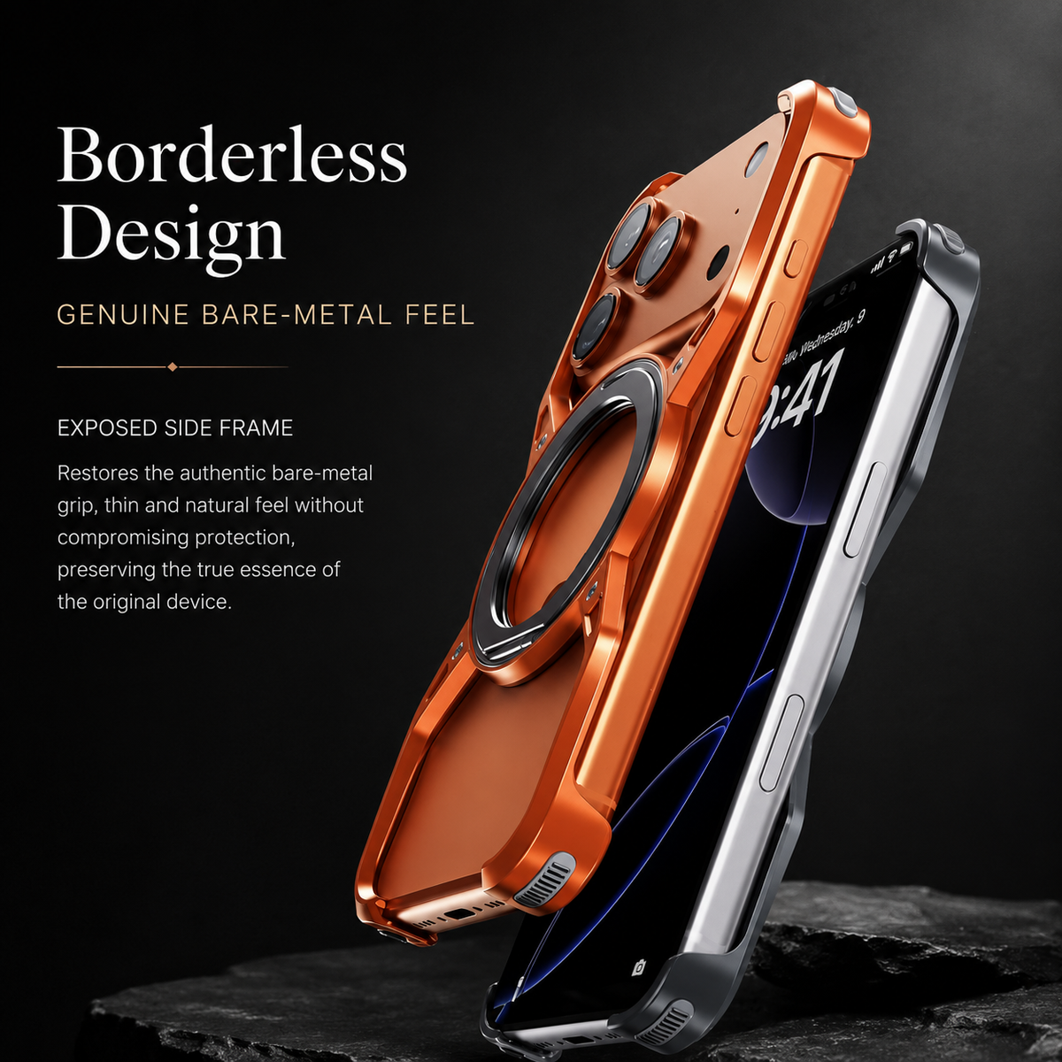 Premium iPhone Case MagSafe Compatible Magnetic Bumper Aluminum Alloy Frame 360° Rotating Ring Stand Shockproof Edge Protection Camera Lens Guard Slim Design