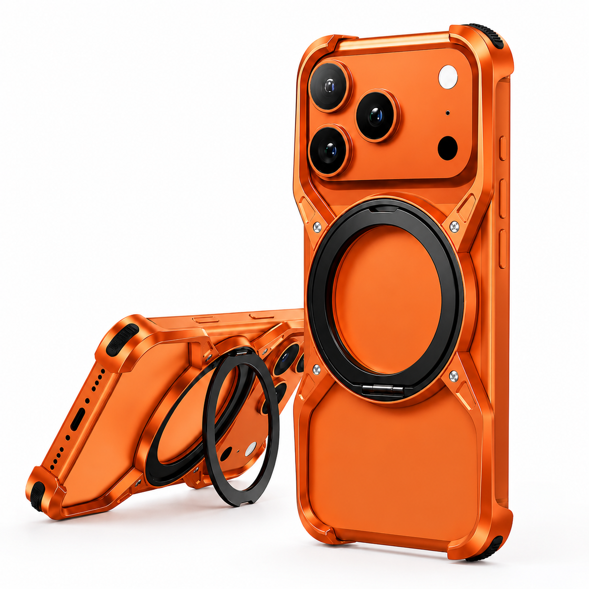 Premium iPhone Case MagSafe Compatible Magnetic Bumper Aluminum Alloy Frame 360° Rotating Ring Stand Shockproof Edge Protection Camera Lens Guard Slim Design