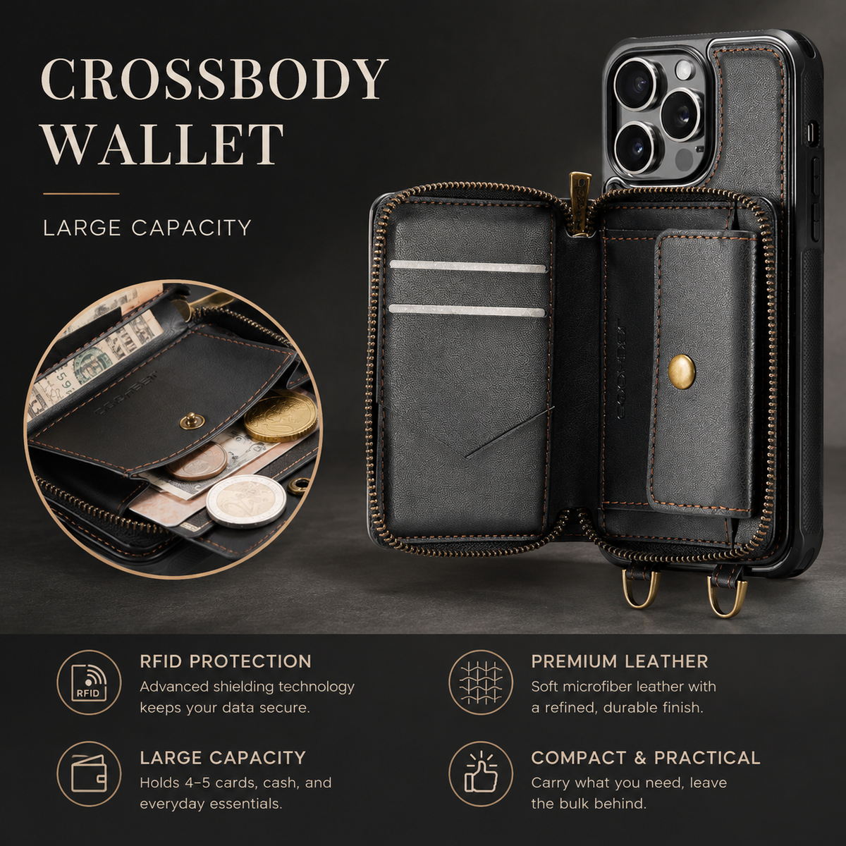 Premium iPhone Case MagSafe Compatible Magnetic Crossbody Wallet Cover PU Leather Card Holder Strap Stand Shockproof Full Protection Slim Design