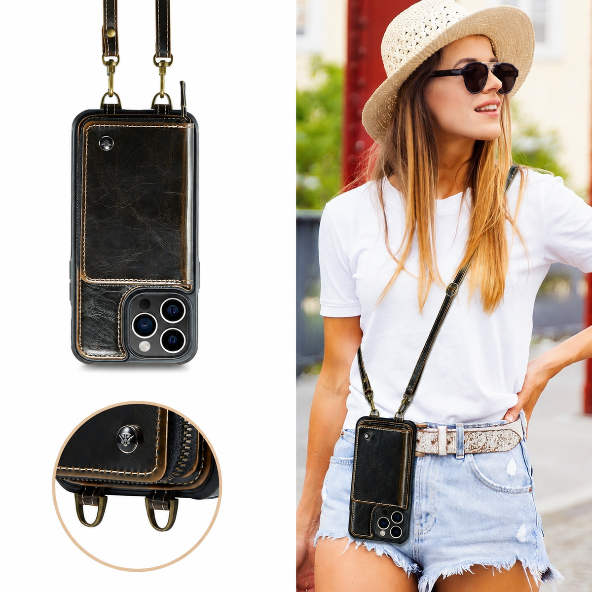 Premium iPhone Case MagSafe Compatible Magnetic Crossbody Wallet Cover PU Leather Card Holder Strap Stand Shockproof Full Protection Slim Design