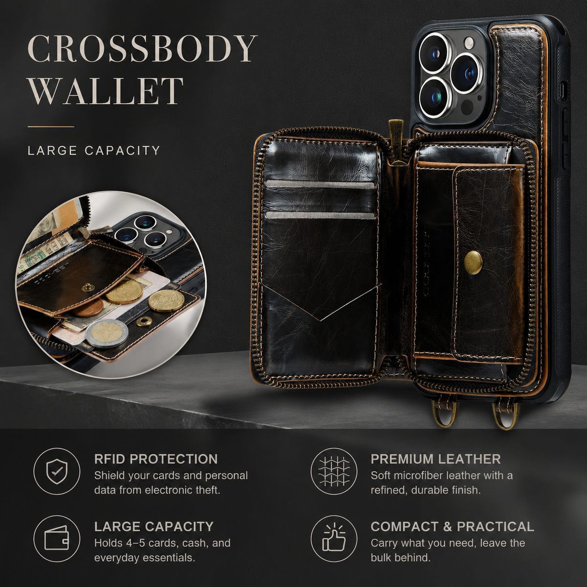 Premium iPhone Case MagSafe Compatible Magnetic Crossbody Wallet Cover PU Leather Card Holder Strap Stand Shockproof Full Protection Slim Design