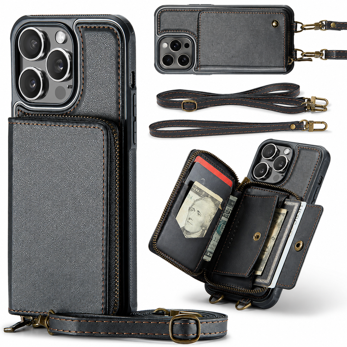 Premium iPhone Case MagSafe Compatible Magnetic Crossbody Wallet Cover PU Leather Card Holder Strap Stand Shockproof Full Protection Slim Design