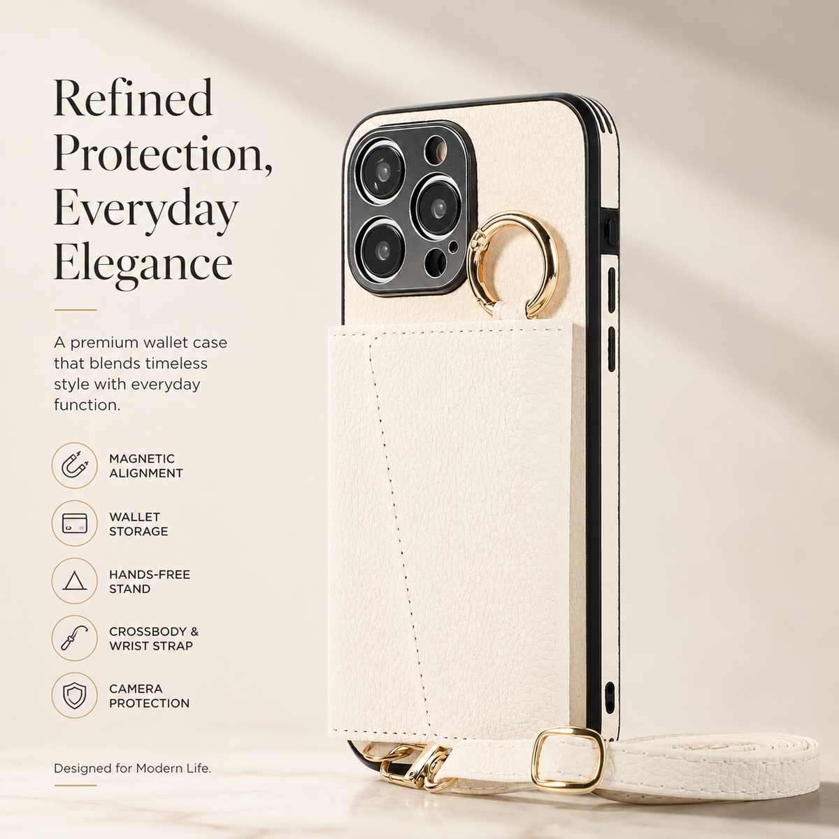 Premium iPhone Case MagSafe Compatible Magnetic Crossbody Wallet Cover PU Leather Card Slots Finger Ring Buckle Strap Shockproof Full Protection Slim Design