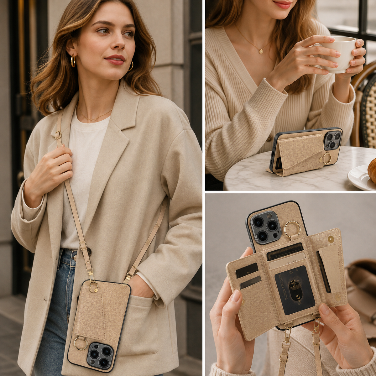 Premium iPhone Case MagSafe Compatible Magnetic Crossbody Wallet Cover PU Leather Card Slots Finger Ring Buckle Strap Shockproof Full Protection Slim Design