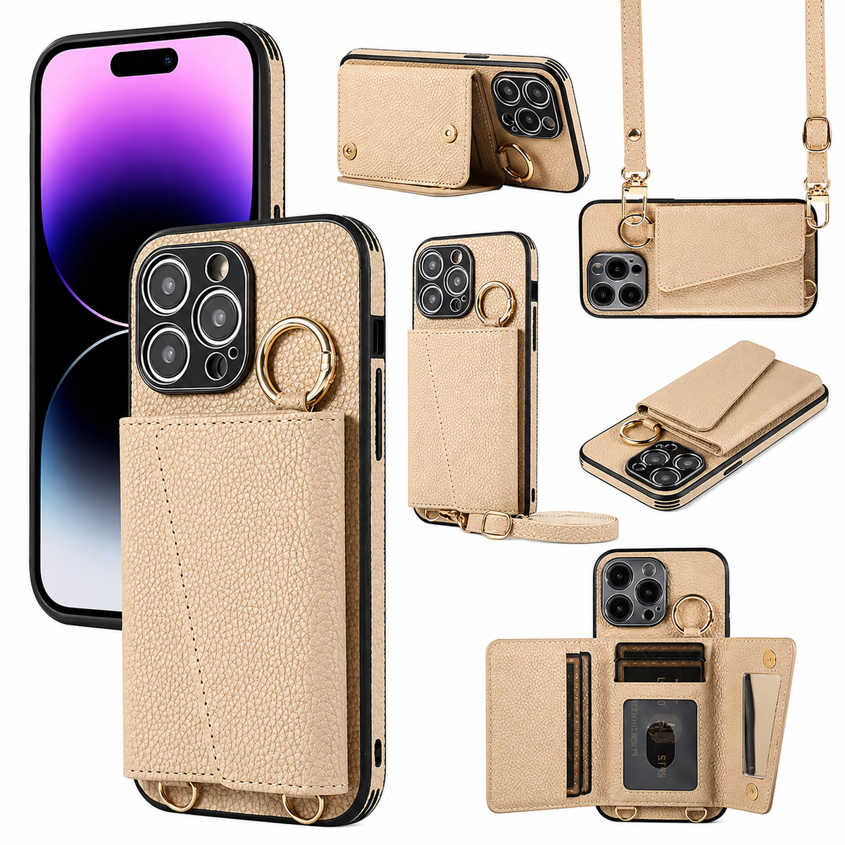 Premium iPhone Case MagSafe Compatible Magnetic Crossbody Wallet Cover PU Leather Card Slots Finger Ring Buckle Strap Shockproof Full Protection Slim Design
