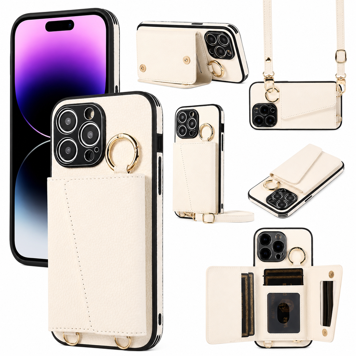 Premium iPhone Case MagSafe Compatible Magnetic Crossbody Wallet Cover PU Leather Card Slots Finger Ring Buckle Strap Shockproof Full Protection Slim Design