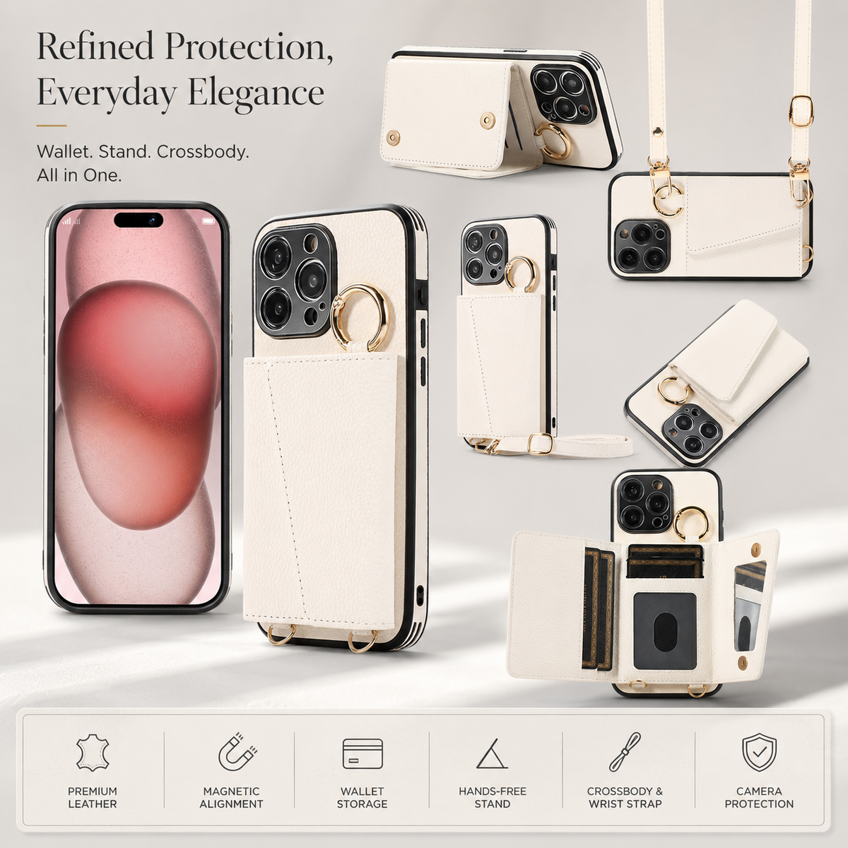 Premium iPhone Case MagSafe Compatible Magnetic Crossbody Wallet Cover PU Leather Card Slots Finger Ring Buckle Strap Shockproof Full Protection Slim Design