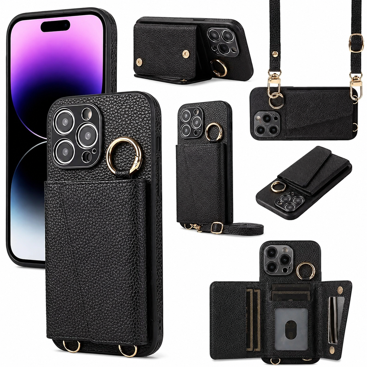 Premium iPhone Case MagSafe Compatible Magnetic Crossbody Wallet Cover PU Leather Card Slots Finger Ring Buckle Strap Shockproof Full Protection Slim Design
