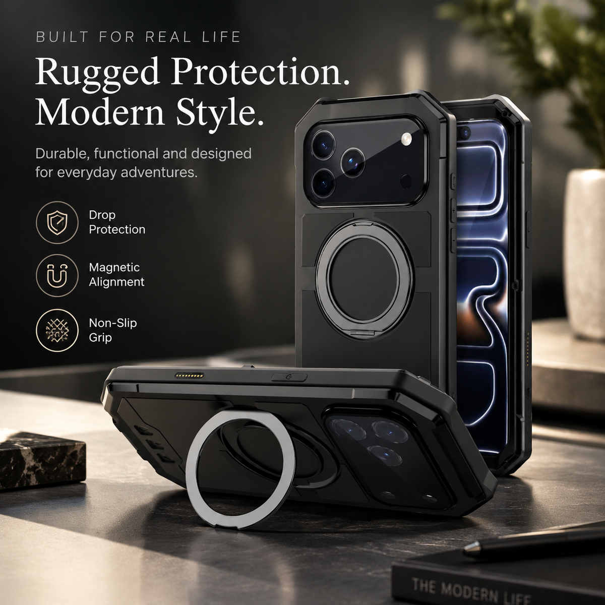 Premium iPhone Case MagSafe Compatible Magnetic Protective Cover Aluminum Armor Frame Built-in Kickstand Glass Screen Protector Shockproof Bumper Full Protection