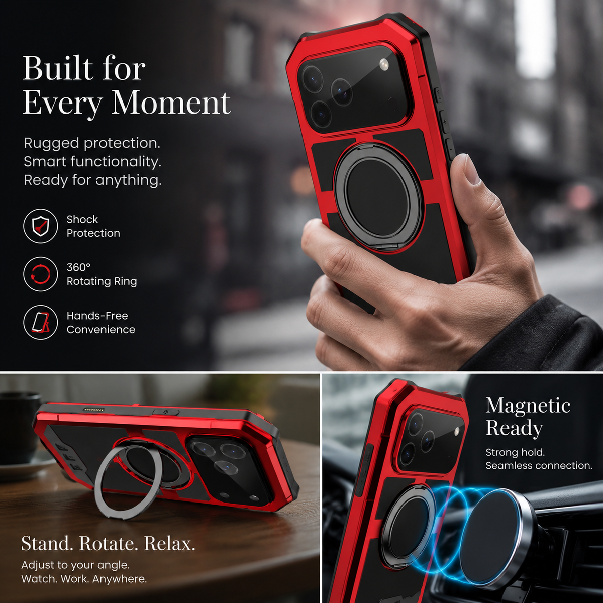 Premium iPhone Case MagSafe Compatible Magnetic Protective Cover Aluminum Armor Frame Built-in Kickstand Glass Screen Protector Shockproof Bumper Full Protection