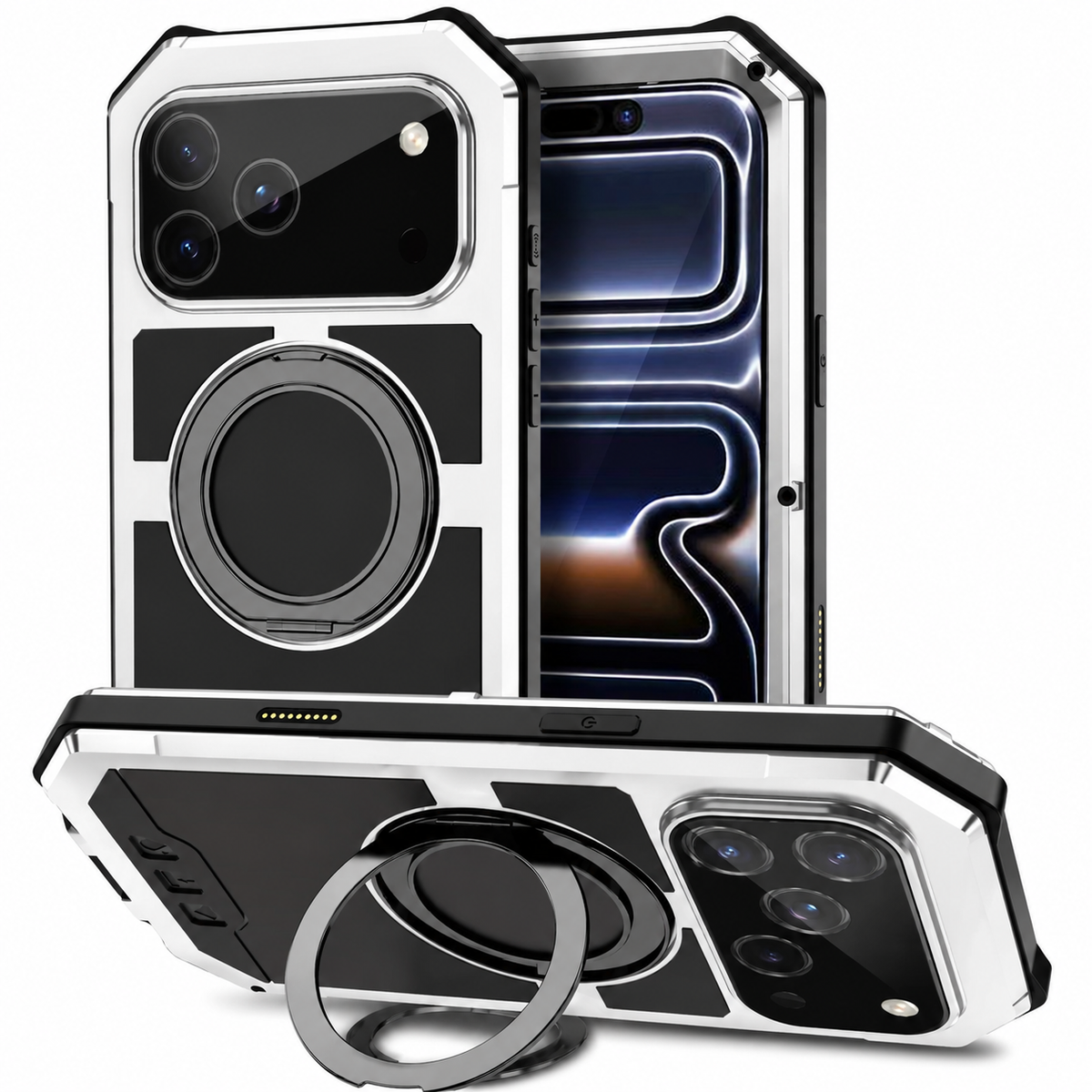 Premium iPhone Case MagSafe Compatible Magnetic Protective Cover Aluminum Armor Frame Built-in Kickstand Glass Screen Protector Shockproof Bumper Full Protection