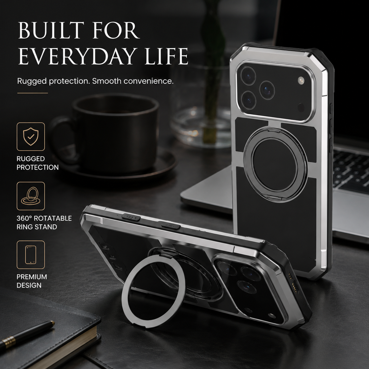 Premium iPhone Case MagSafe Compatible Magnetic Protective Cover Aluminum Armor Frame Built-in Kickstand Glass Screen Protector Shockproof Bumper Full Protection
