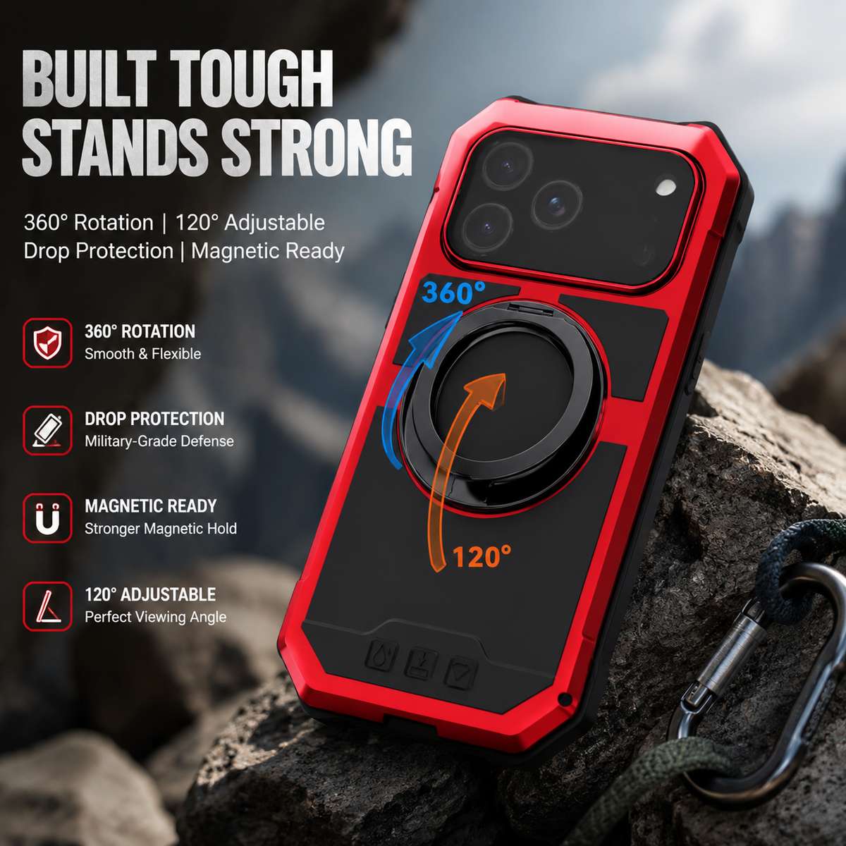 Premium iPhone Case MagSafe Compatible Magnetic Protective Cover Aluminum Armor Frame Built-in Kickstand Glass Screen Protector Shockproof Bumper Full Protection