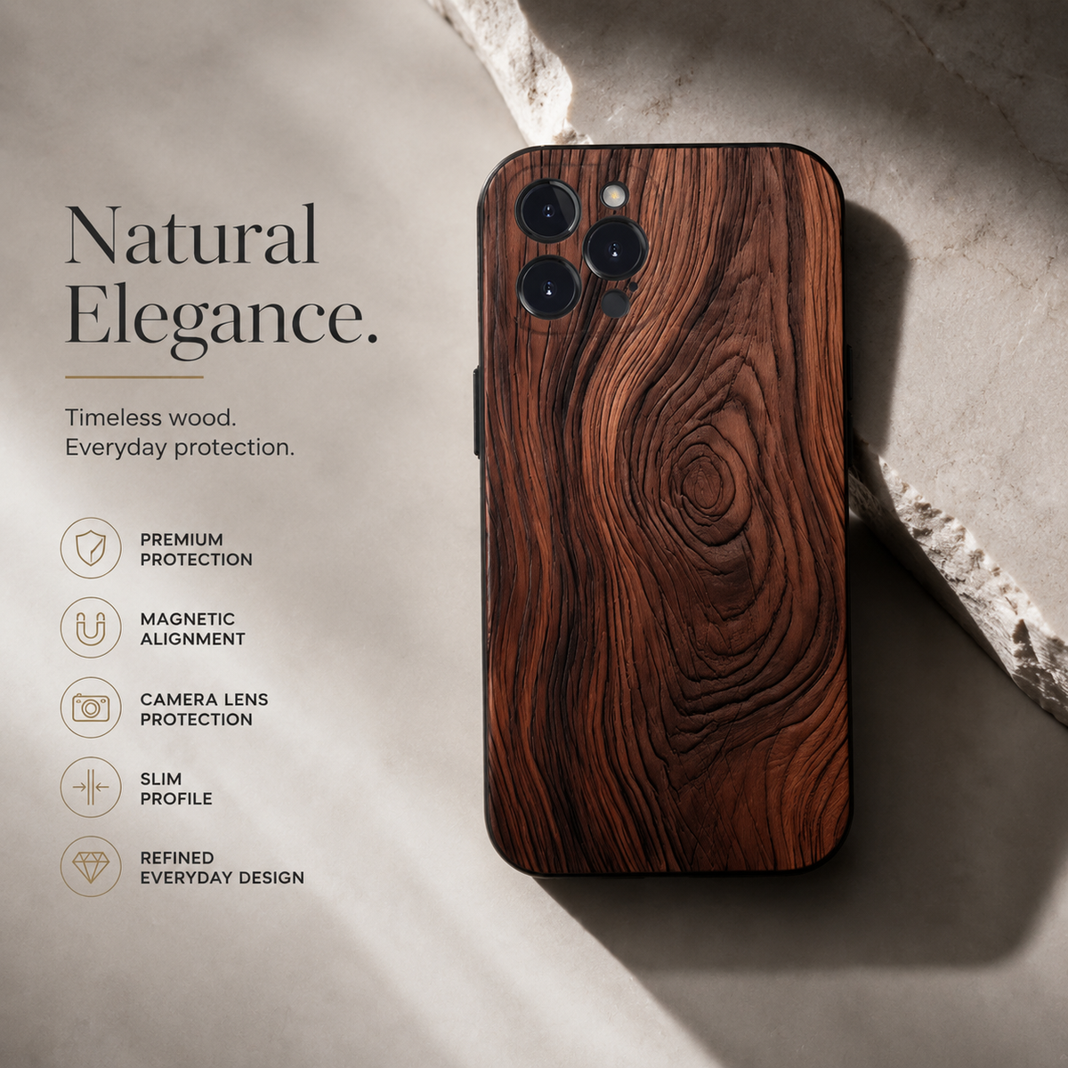 Premium iPhone Case MagSafe Compatible Magnetic Protective Cover Natural Wood Back Shockproof TPU Bumper Camera Lens Protection Ultra Thin Slim Design