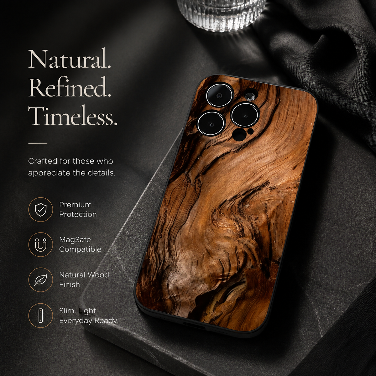 Premium iPhone Case MagSafe Compatible Magnetic Protective Cover Natural Wood Back Shockproof TPU Bumper Camera Lens Protection Ultra Thin Slim Design