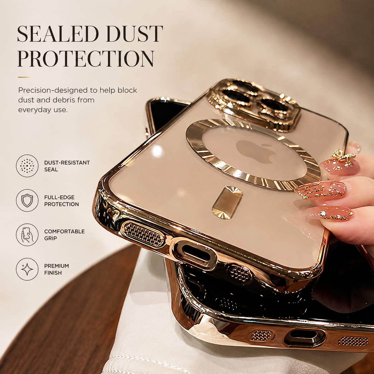Premium iPhone Case MagSafe Compatible Magnetic Protective Cover Transparent TPU Desert Gold Finish Shockproof Camera Lens Protection Slim Design