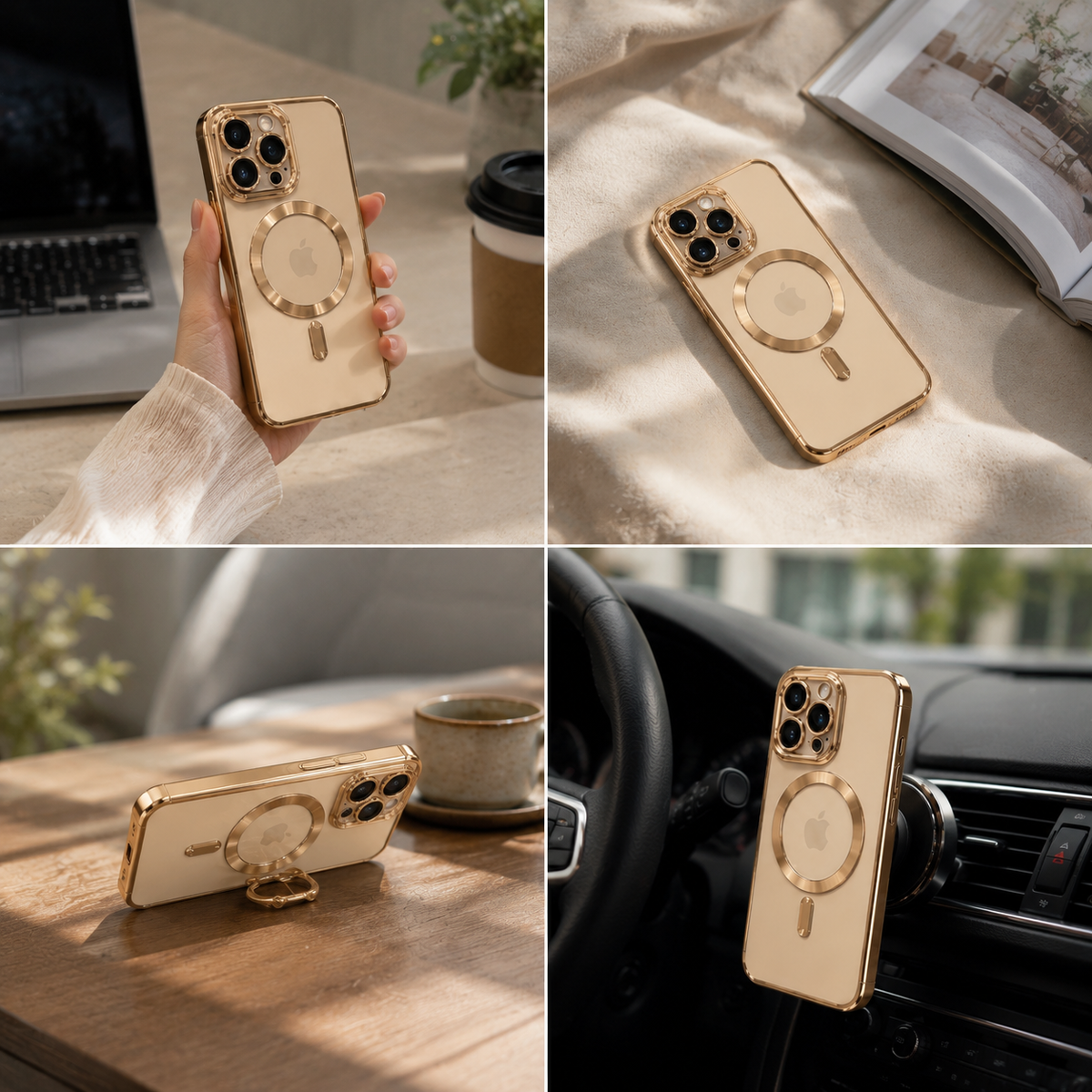 Premium iPhone Case MagSafe Compatible Magnetic Protective Cover Transparent TPU Desert Gold Finish Shockproof Camera Lens Protection Slim Design