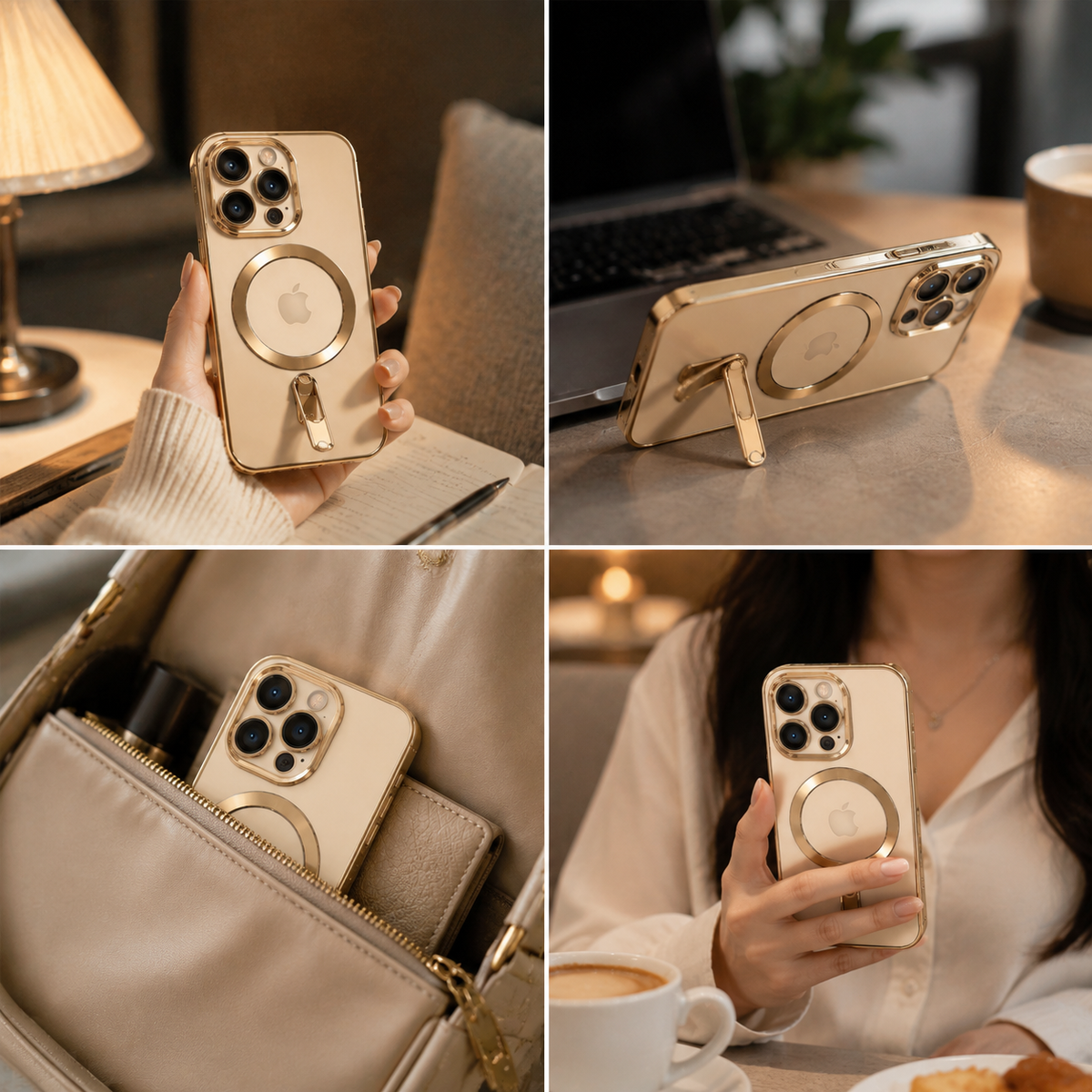 Premium iPhone Case MagSafe Compatible Magnetic Protective Cover Transparent TPU Desert Gold Finish Shockproof Camera Lens Protection Slim Design