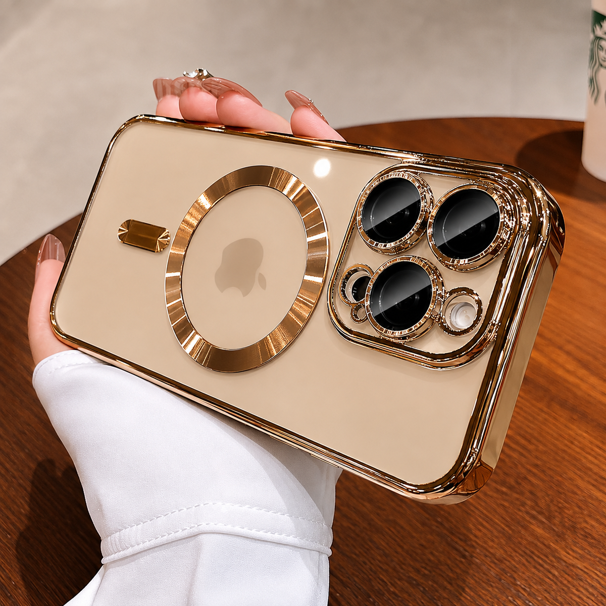 Premium iPhone Case MagSafe Compatible Magnetic Protective Cover Transparent TPU Desert Gold Finish Shockproof Camera Lens Protection Slim Design