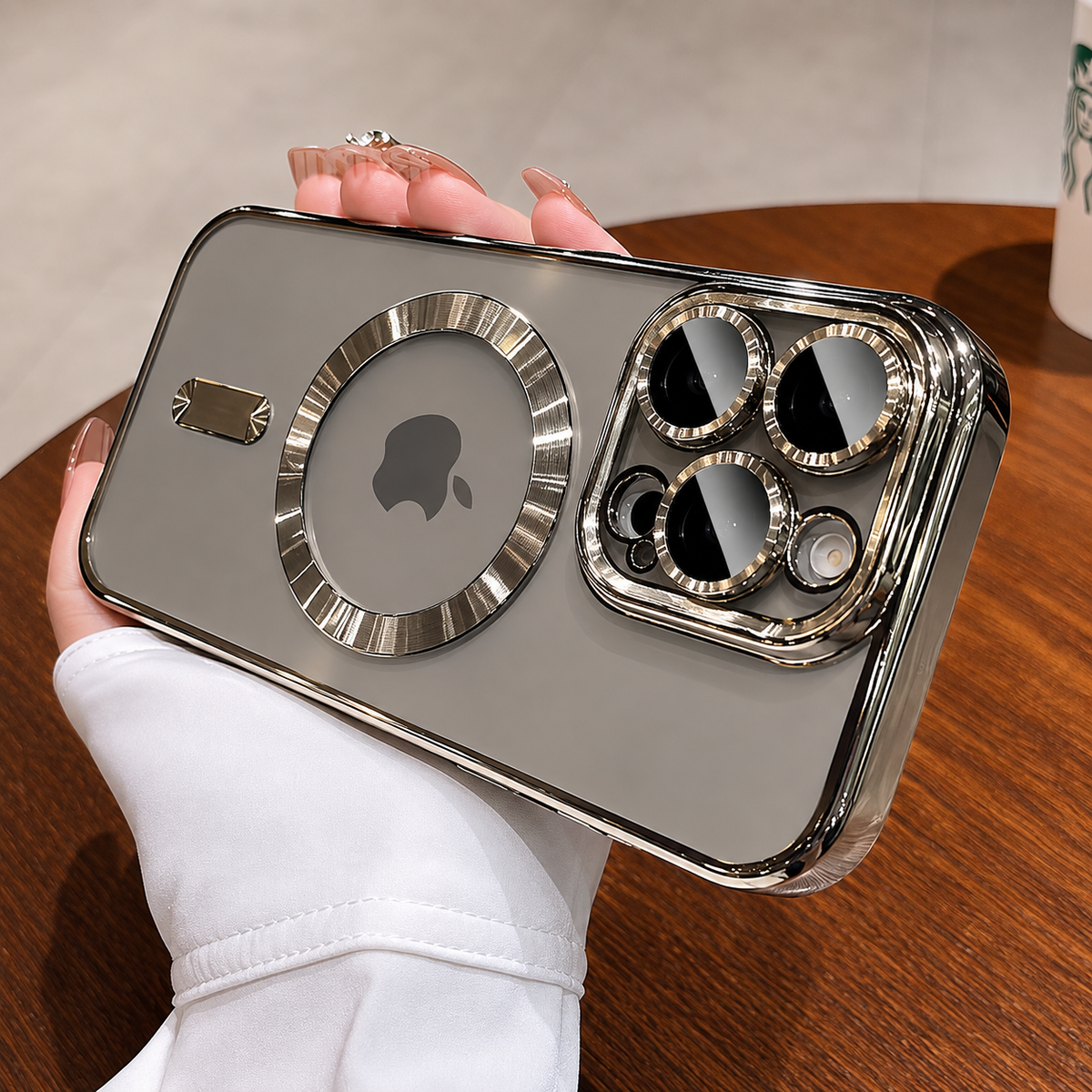 Premium iPhone Case MagSafe Compatible Magnetic Protective Cover Transparent TPU Desert Gold Finish Shockproof Camera Lens Protection Slim Design