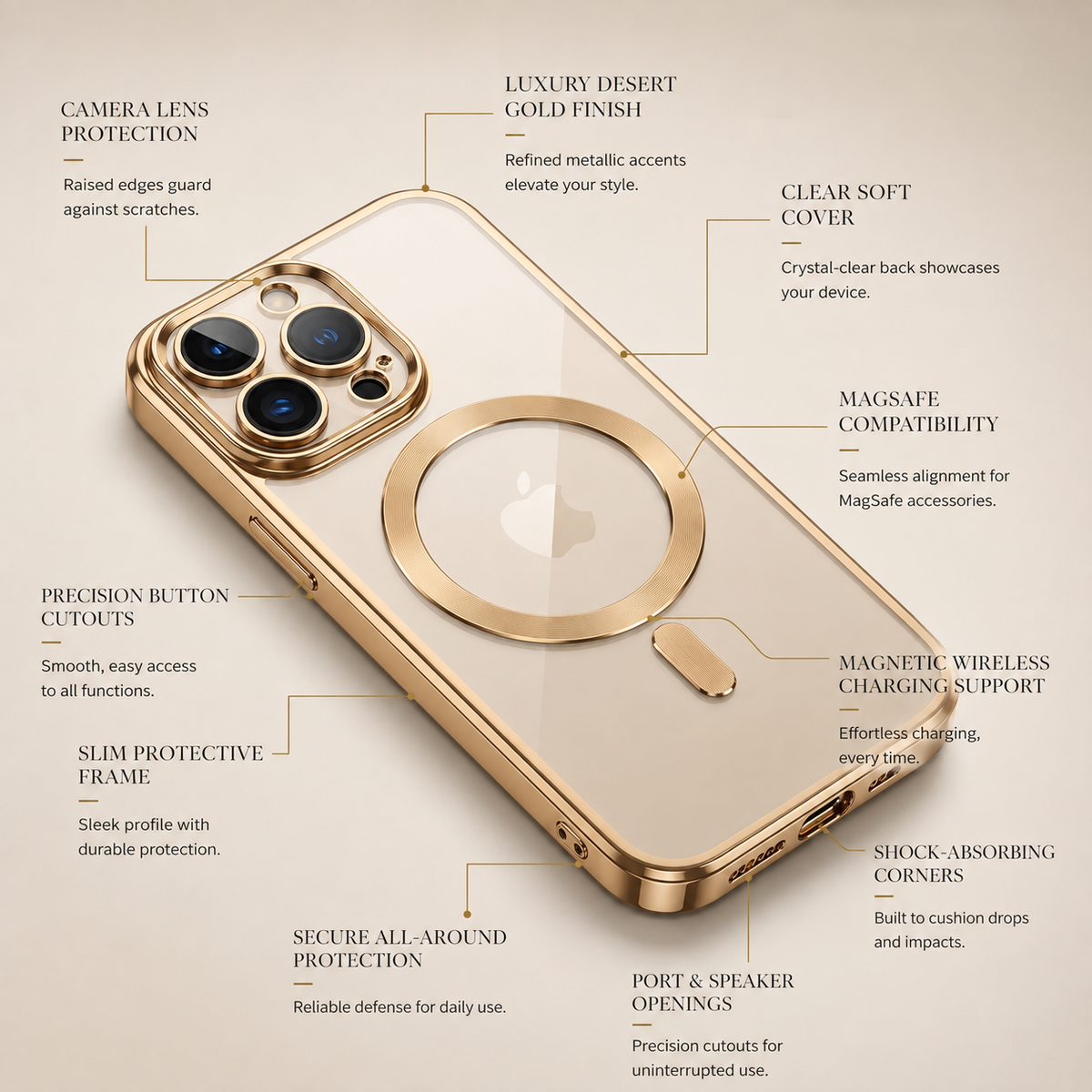 Premium iPhone Case MagSafe Compatible Magnetic Protective Cover Transparent TPU Desert Gold Finish Shockproof Camera Lens Protection Slim Design
