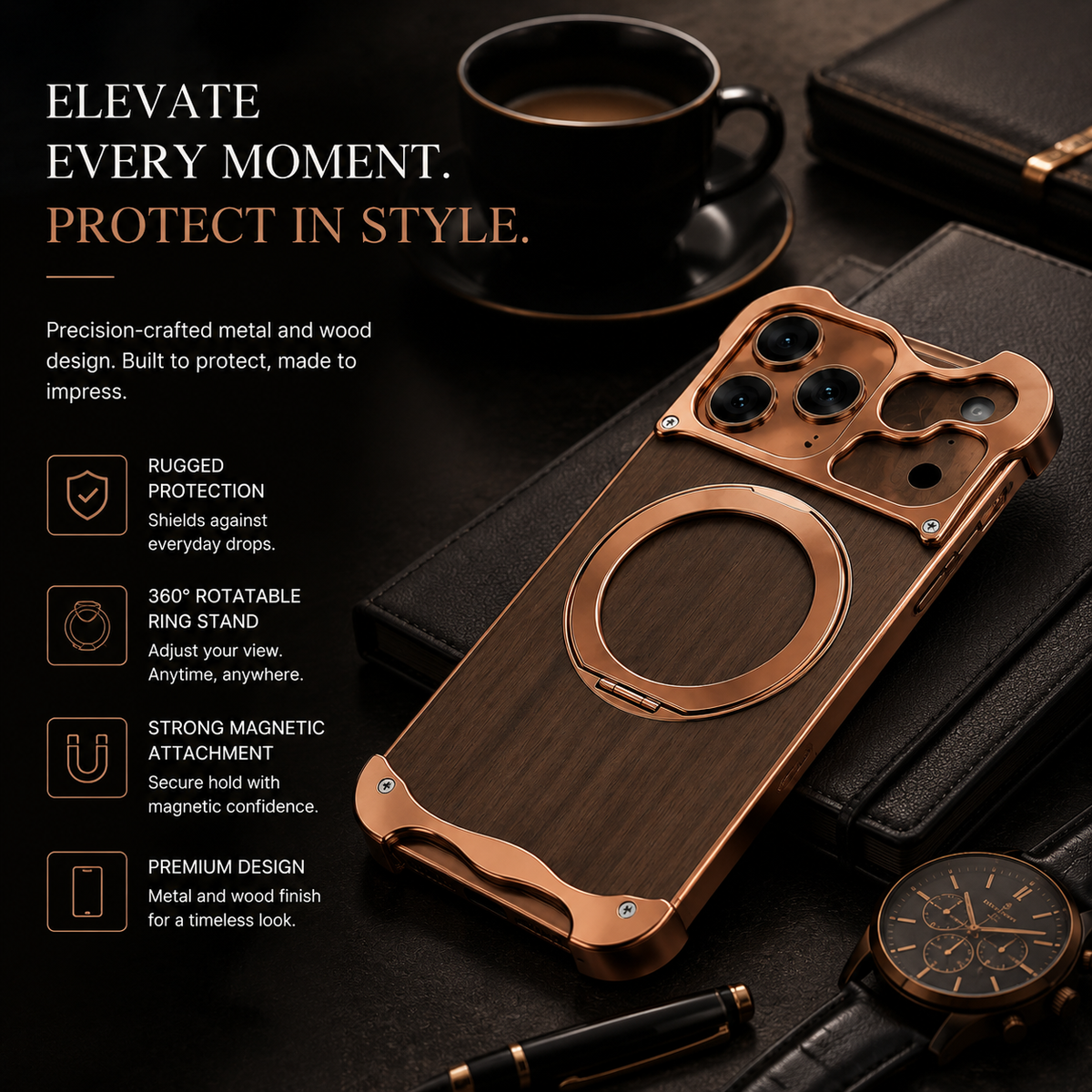 Premium iPhone Case MagSafe Compatible Magnetic Protective Cover Wood Back Aluminum Frame 360° Rotating Ring Stand Shockproof Camera Lens Protection Slim Design
