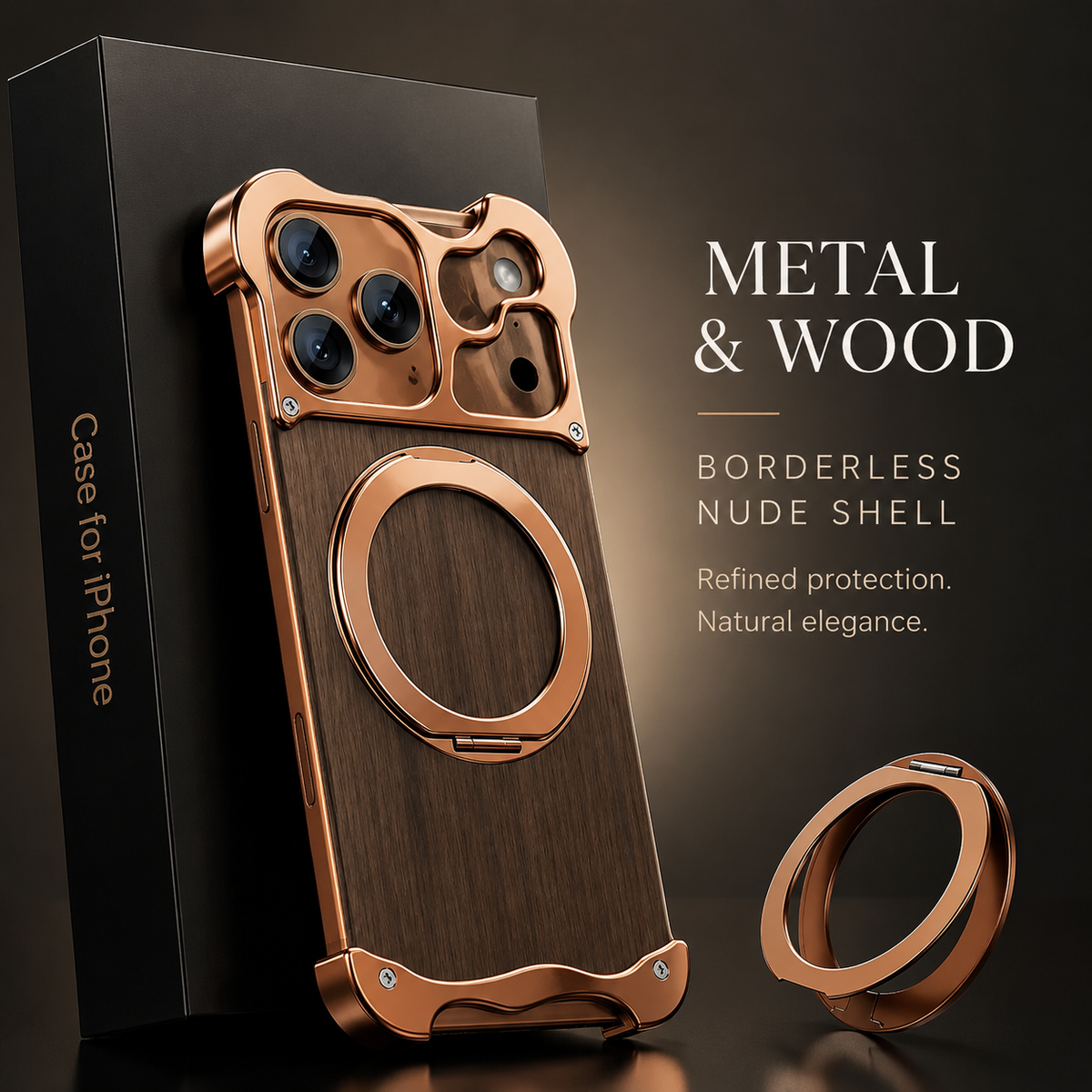 Premium iPhone Case MagSafe Compatible Magnetic Protective Cover Wood Back Aluminum Frame 360° Rotating Ring Stand Shockproof Camera Lens Protection Slim Design