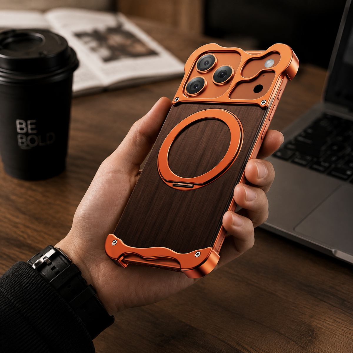 Premium iPhone Case MagSafe Compatible Magnetic Protective Cover Wood Back Aluminum Frame 360° Rotating Ring Stand Shockproof Camera Lens Protection Slim Design