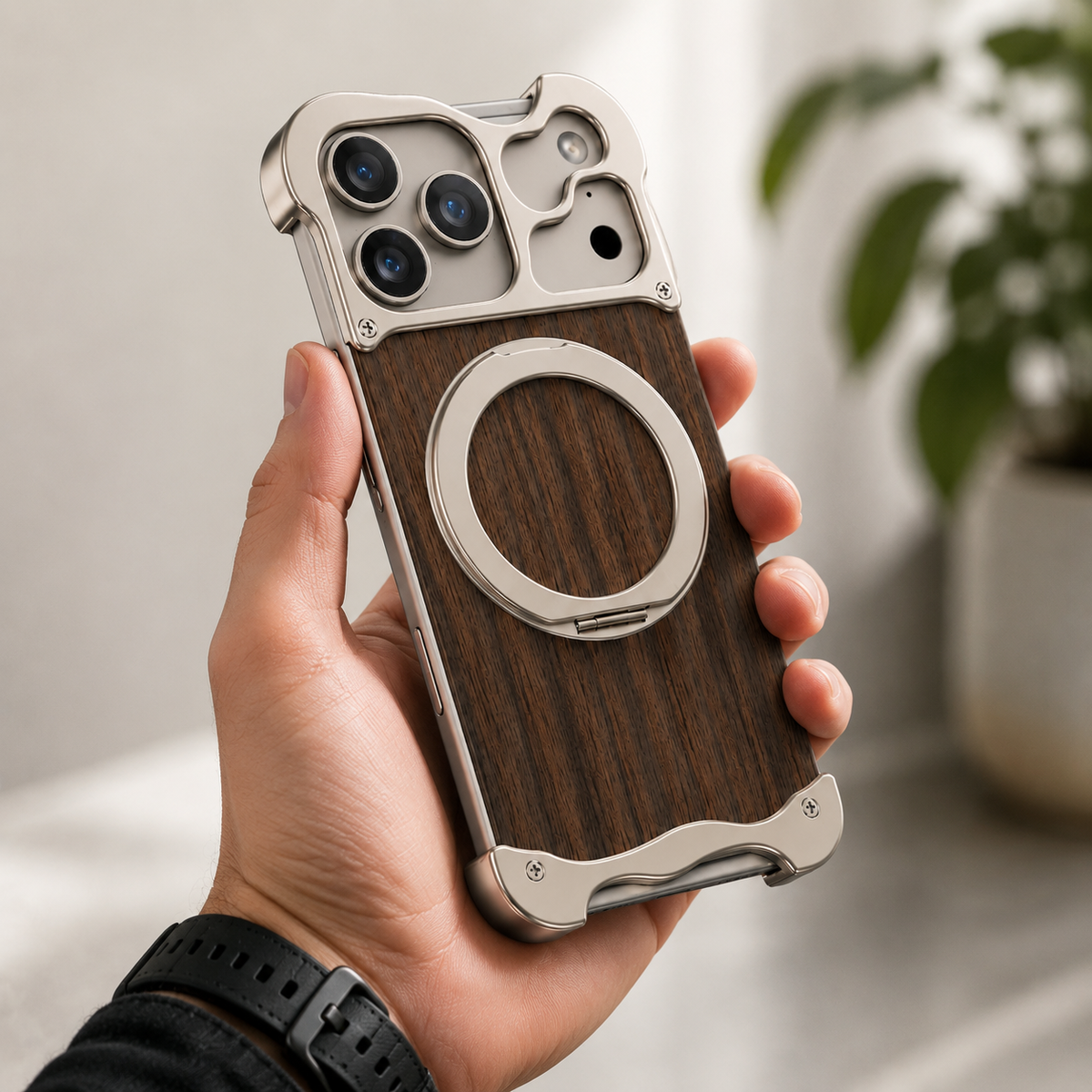 Premium iPhone Case MagSafe Compatible Magnetic Protective Cover Wood Back Aluminum Frame 360° Rotating Ring Stand Shockproof Camera Lens Protection Slim Design