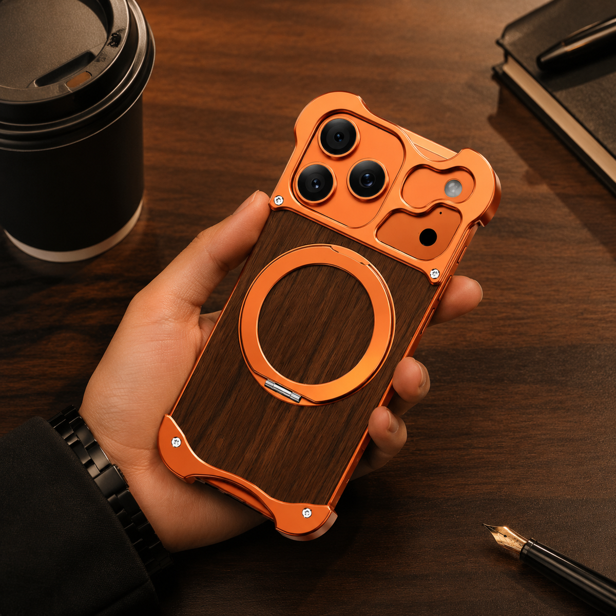 Premium iPhone Case MagSafe Compatible Magnetic Protective Cover Wood Back Aluminum Frame 360° Rotating Ring Stand Shockproof Camera Lens Protection Slim Design