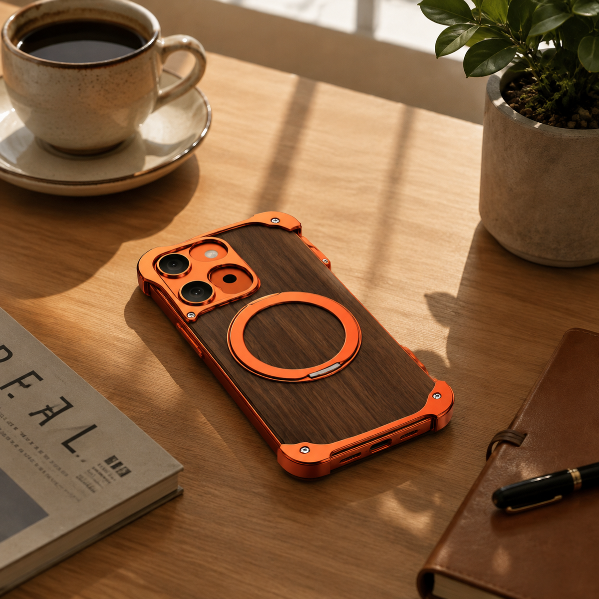 Premium iPhone Case MagSafe Compatible Magnetic Protective Cover Wood Back Aluminum Frame 360° Rotating Ring Stand Shockproof Camera Lens Protection Slim Design
