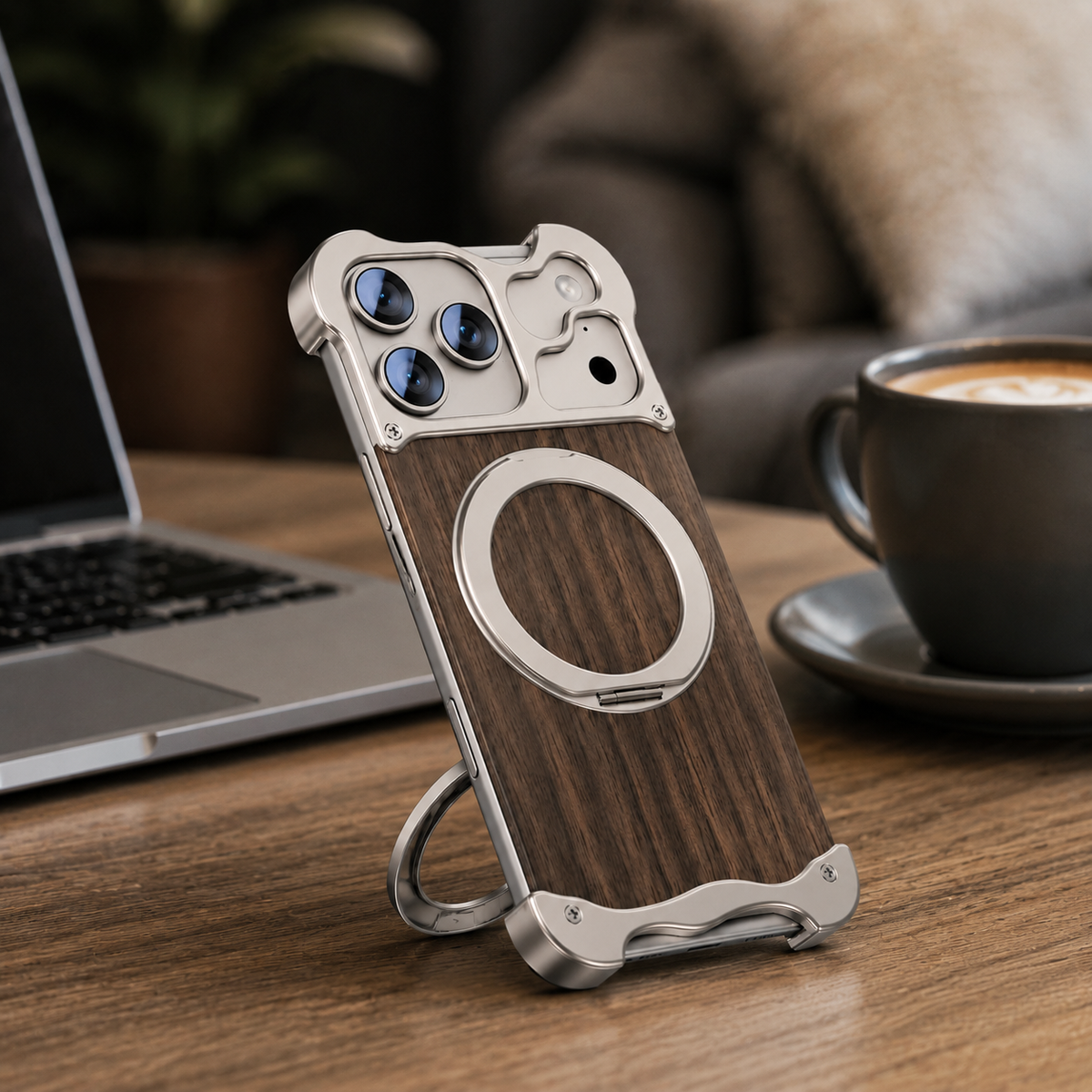 Premium iPhone Case MagSafe Compatible Magnetic Protective Cover Wood Back Aluminum Frame 360° Rotating Ring Stand Shockproof Camera Lens Protection Slim Design