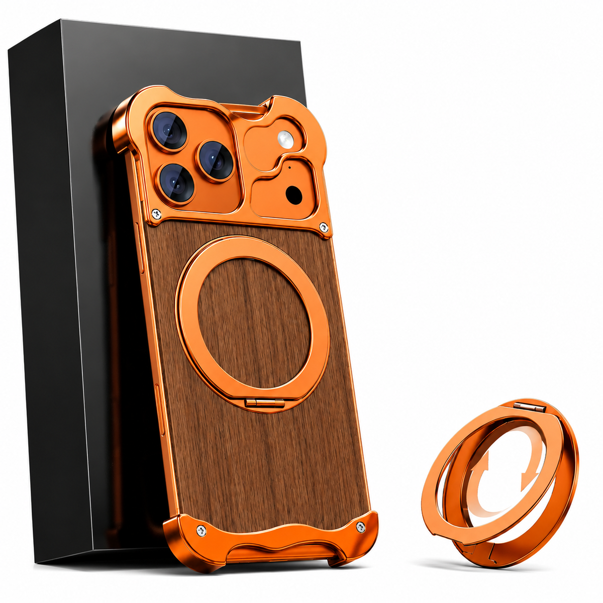 Premium iPhone Case MagSafe Compatible Magnetic Protective Cover Wood Back Aluminum Frame 360° Rotating Ring Stand Shockproof Camera Lens Protection Slim Design