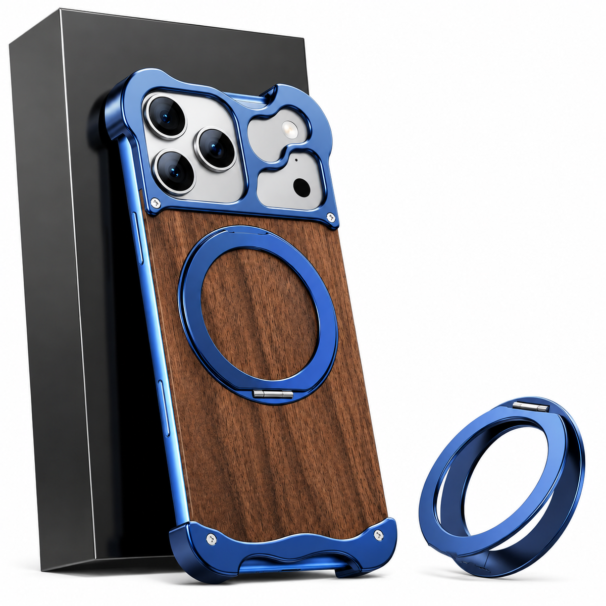 Premium iPhone Case MagSafe Compatible Magnetic Protective Cover Wood Back Aluminum Frame 360° Rotating Ring Stand Shockproof Camera Lens Protection Slim Design