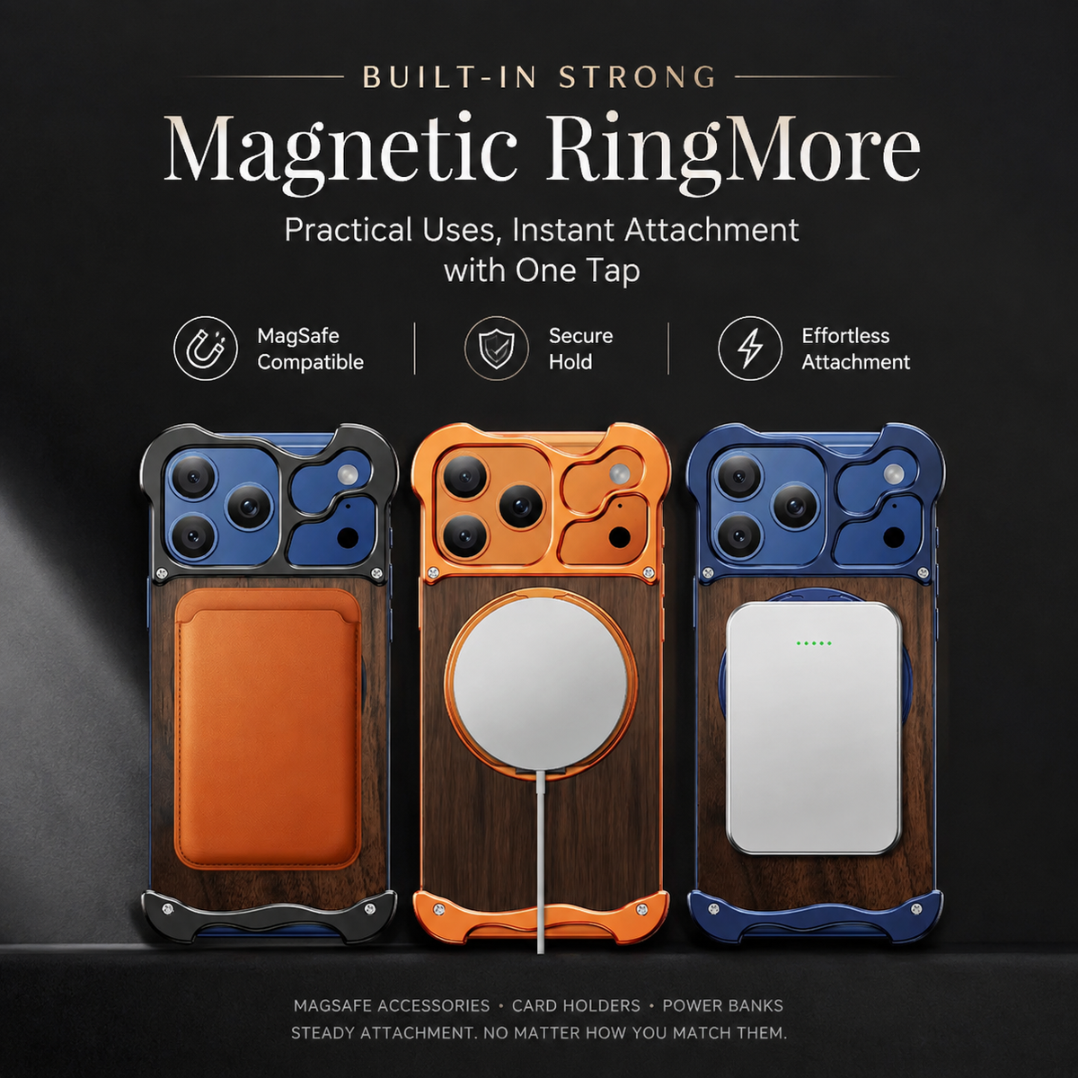 Premium iPhone Case MagSafe Compatible Magnetic Protective Cover Wood Back Aluminum Frame 360° Rotating Ring Stand Shockproof Camera Lens Protection Slim Design