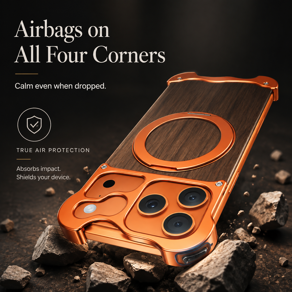 Premium iPhone Case MagSafe Compatible Magnetic Protective Cover Wood Back Aluminum Frame 360° Rotating Ring Stand Shockproof Camera Lens Protection Slim Design