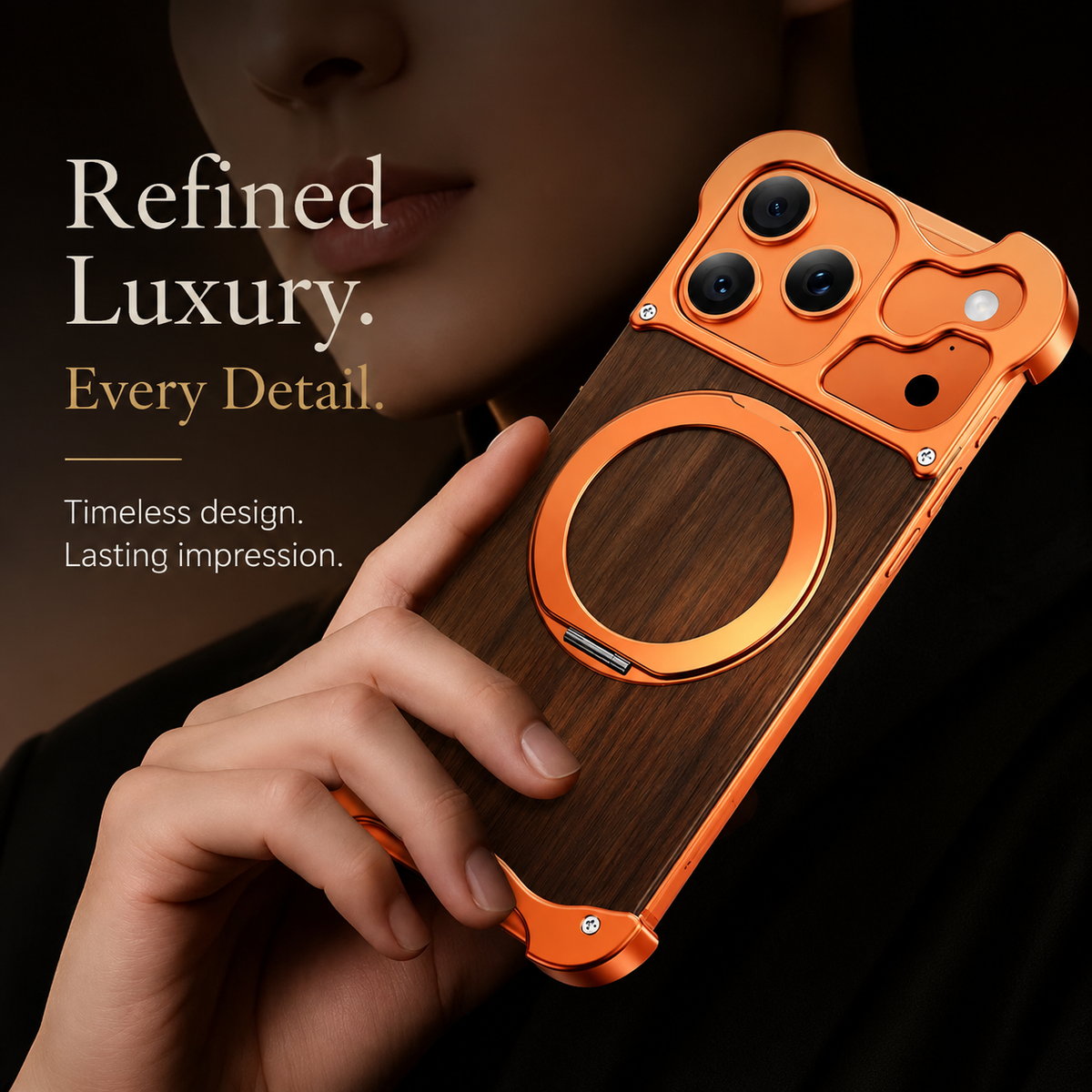 Premium iPhone Case MagSafe Compatible Magnetic Protective Cover Wood Back Aluminum Frame 360° Rotating Ring Stand Shockproof Camera Lens Protection Slim Design
