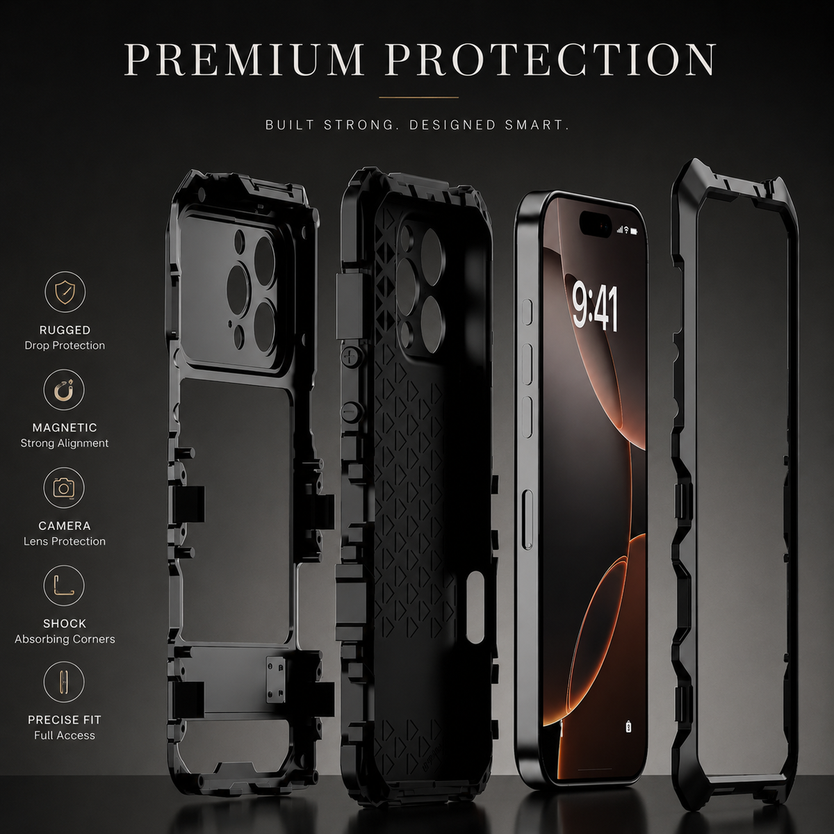Premium iPhone Case MagSafe Compatible Metal Bumper Cover Shockproof Rugged Protection Camera Lens Guard Heavy Duty Slim Magnetic Anti Scratch Design