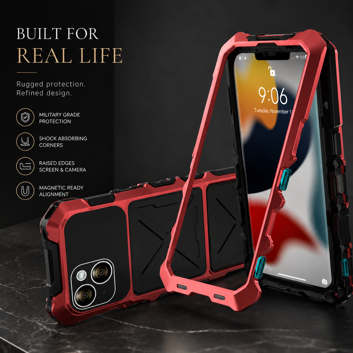 Premium iPhone Case MagSafe Compatible Metal Bumper Cover Shockproof Rugged Protection Camera Lens Guard Heavy Duty Slim Magnetic Anti Scratch Design