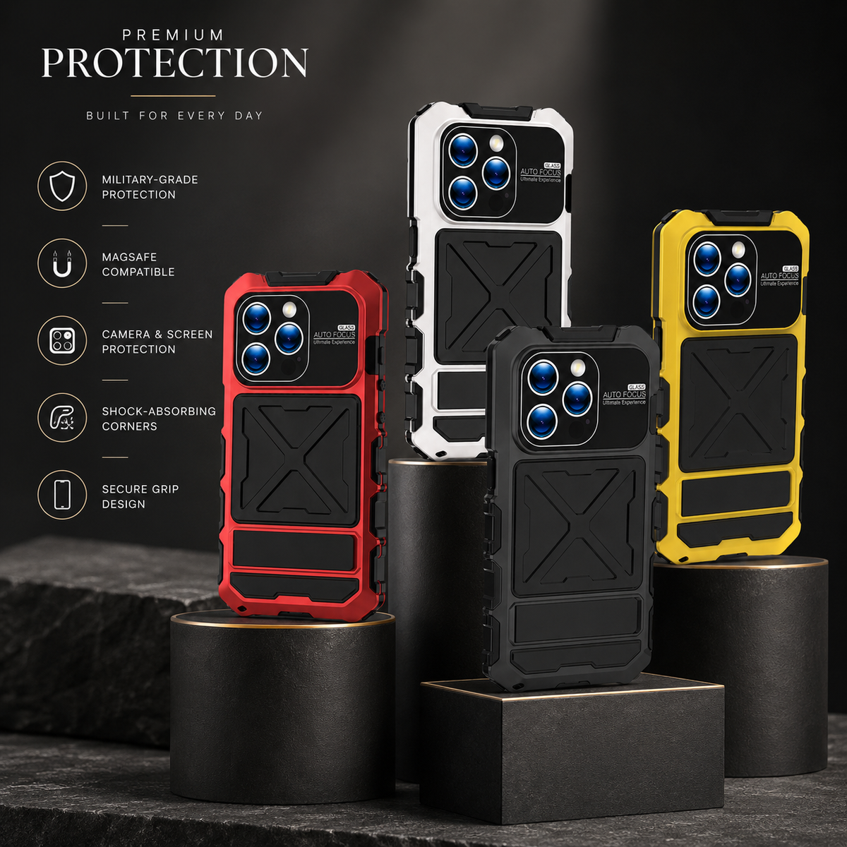 Premium iPhone Case MagSafe Compatible Metal Bumper Cover Shockproof Rugged Protection Camera Lens Guard Heavy Duty Slim Magnetic Anti Scratch Design