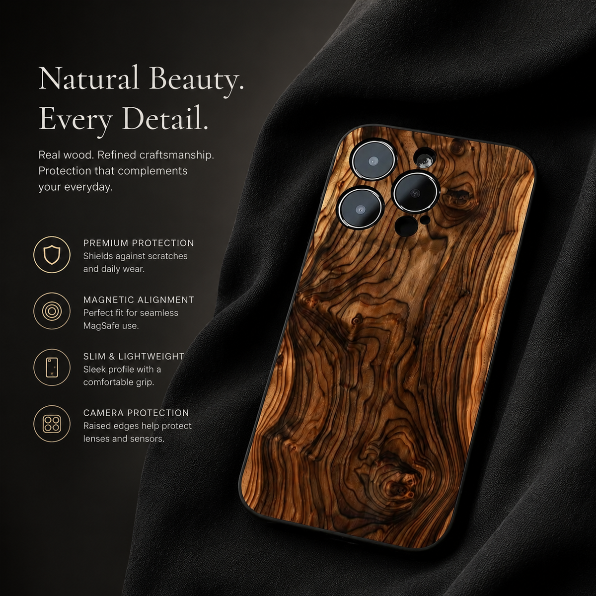Premium iPhone Case MagSafe Compatible Natural Wood Cover Shockproof TPU Bumper Ultra Thin Protection Camera Lens Guard Slim Lightweight Design