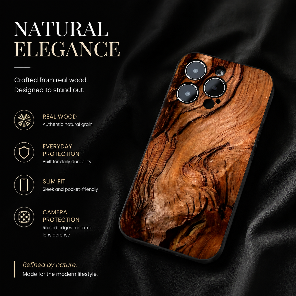 Premium iPhone Case MagSafe Compatible Natural Wood Cover Shockproof TPU Bumper Ultra Thin Protection Camera Lens Guard Slim Lightweight Design