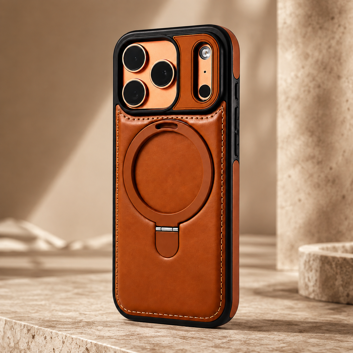 Premium iPhone Case MagSafe Compatible Retro Leather Protective Cover Invisible Kickstand Shockproof Slim Business Full Coverage Camera Lens Guard Design