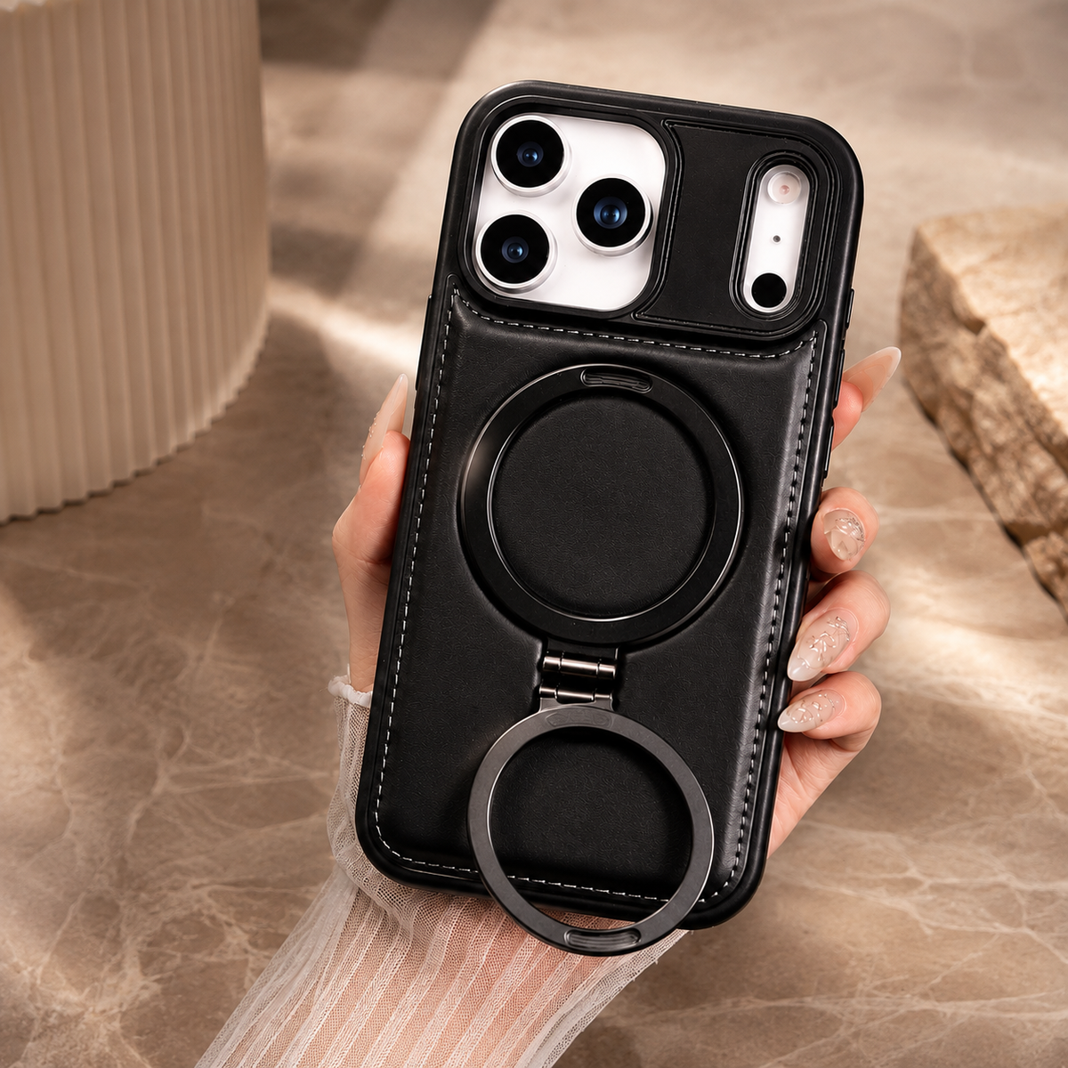 Premium iPhone Case MagSafe Compatible Retro Leather Protective Cover Invisible Kickstand Shockproof Slim Business Full Coverage Camera Lens Guard Design