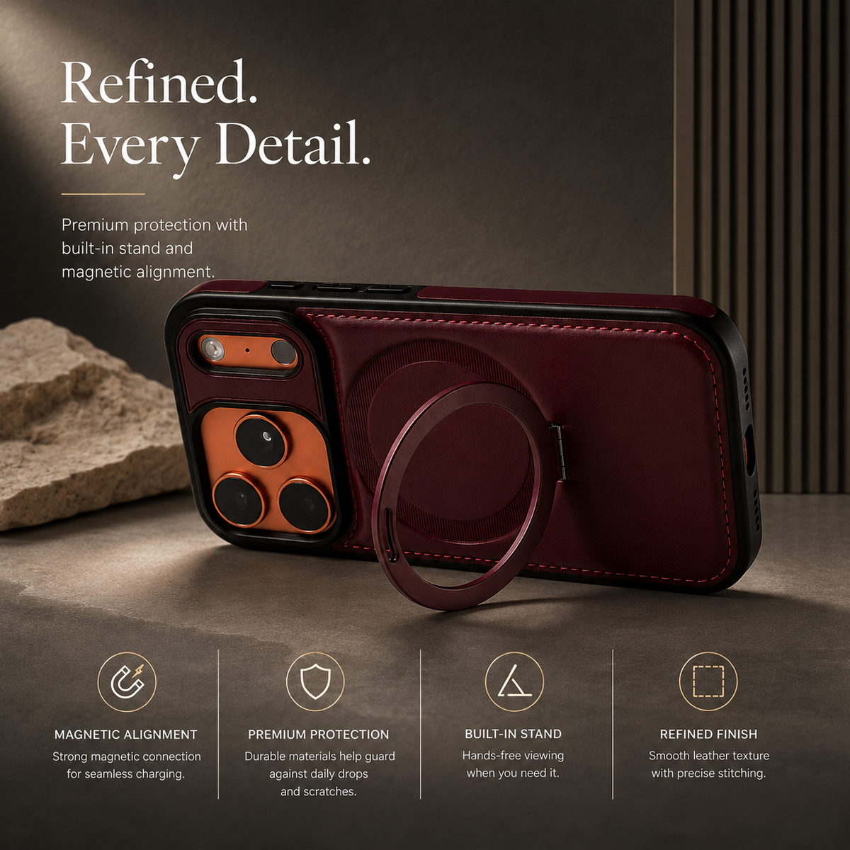 Premium iPhone Case MagSafe Compatible Retro Leather Protective Cover Invisible Kickstand Shockproof Slim Business Full Coverage Camera Lens Guard Design