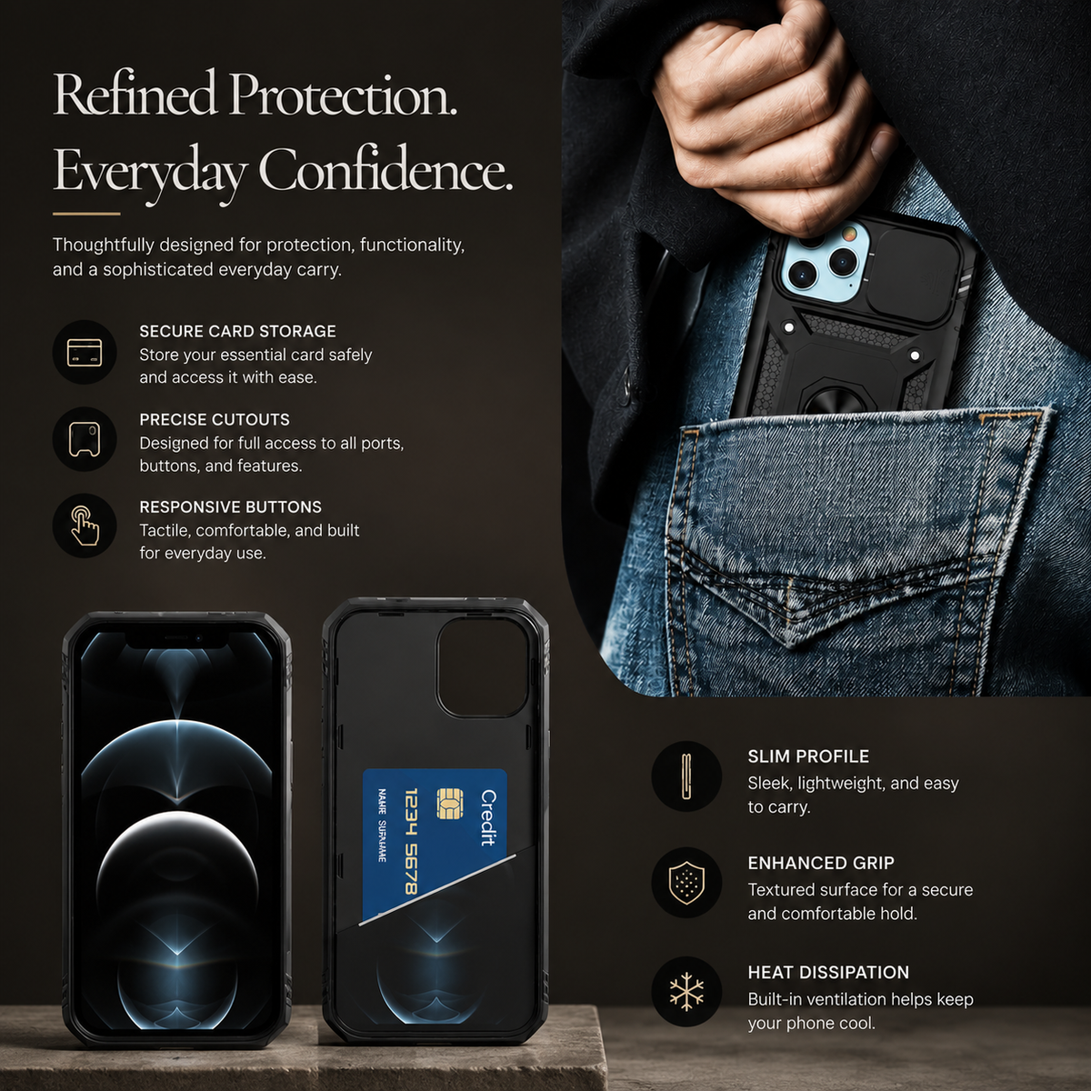 Premium iPhone Case MagSafe Compatible Rugged Armor Card Holder Cover Kickstand Shockproof Protection Camera Lens Guard Slim Magnetic Heavy Duty Design