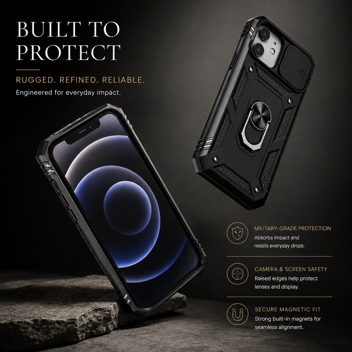 Premium iPhone Case MagSafe Compatible Rugged Armor Card Holder Cover Kickstand Shockproof Protection Camera Lens Guard Slim Magnetic Heavy Duty Design