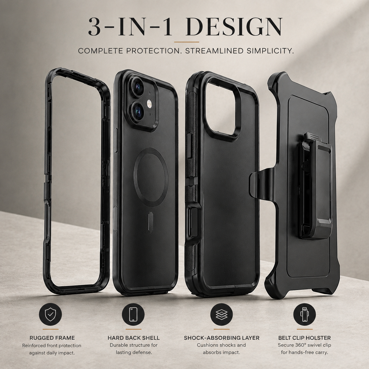 Premium iPhone Case MagSafe Compatible Rugged Holster Cover 3 Layer Shockproof Protection Heavy Duty Armor Belt Clip Camera Lens Guard Durable Design